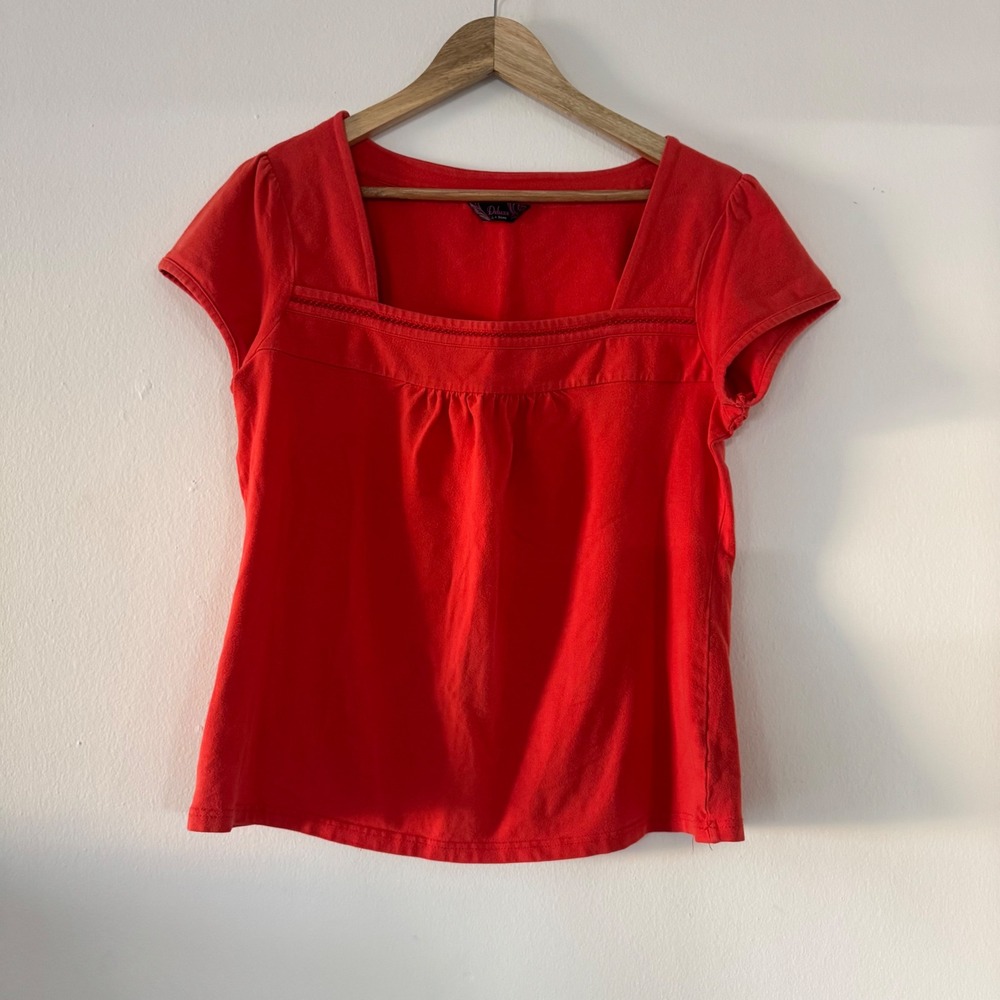 Cotton Womens XL Orange Crochet Detail Babydoll Short Sleev Top Cottage Coquette